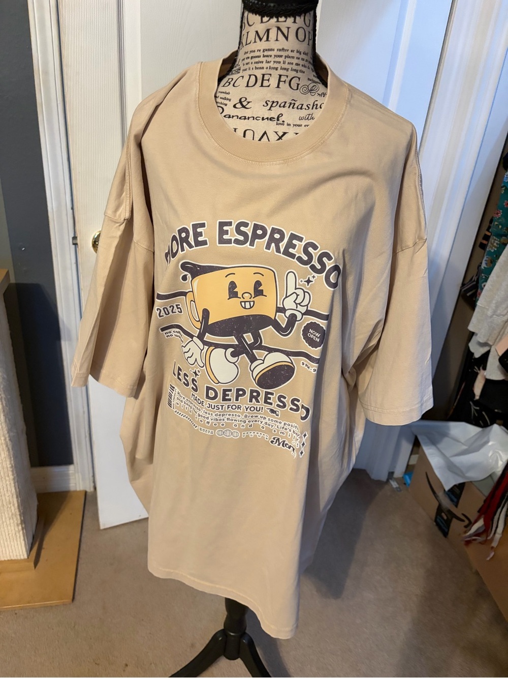 Graphic Coffee Cartoon Tee - Beige Men’s Shirt